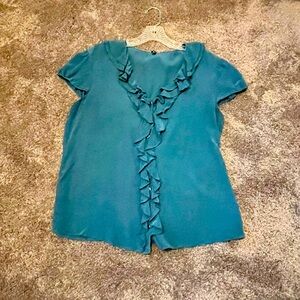 Elie Tahari 100% Silk Teal Ruffle Short Sleeve Button-up Blouse